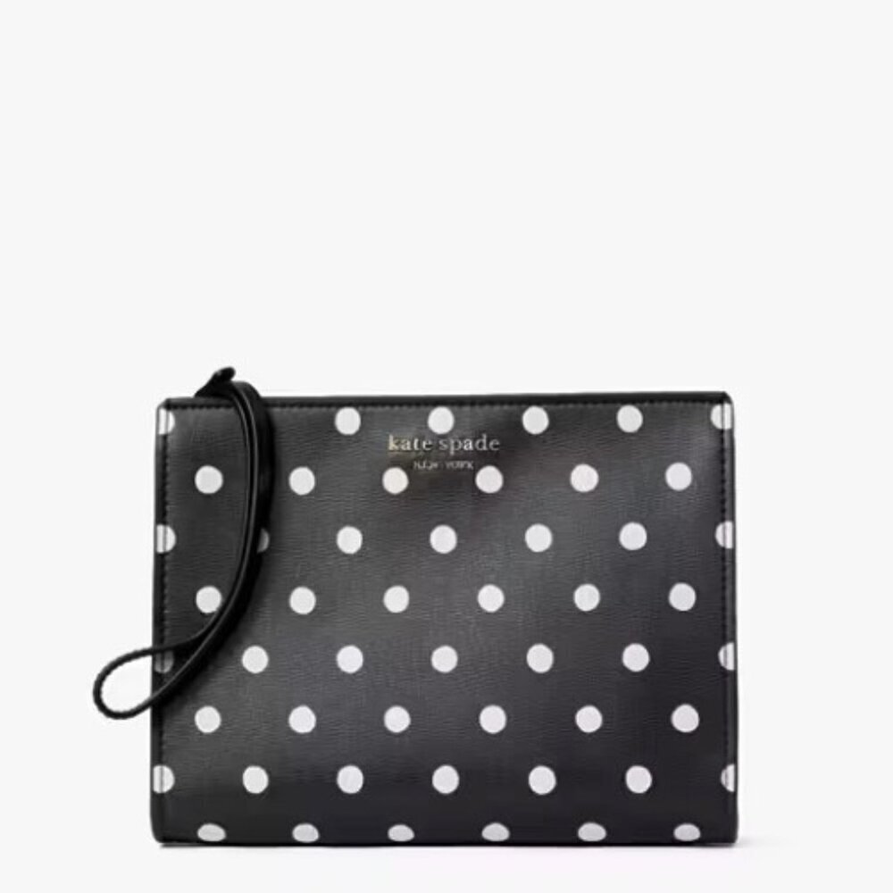 KATE SPADE Black White Polka Dots SilverTone Hardware Wristlet Clutch 5.8 x 7.4"